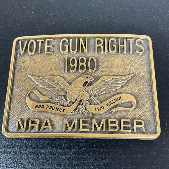 Vintage 1980 Vote Gun Rights NRA Member Belt Buckle Project Two Million Brass - Picture 1 of 3